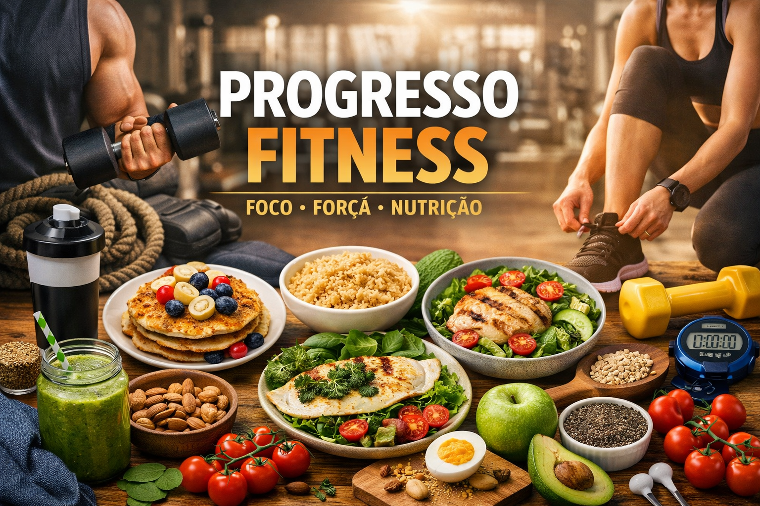 Capa principal Progresso Fitness unindo treino, nutrição e motivação