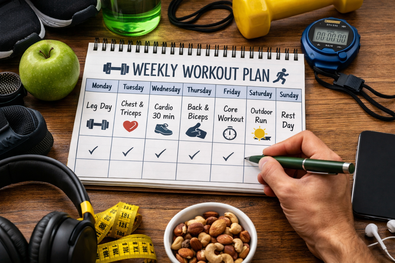 Planner semanal de treinos com ícones fitness